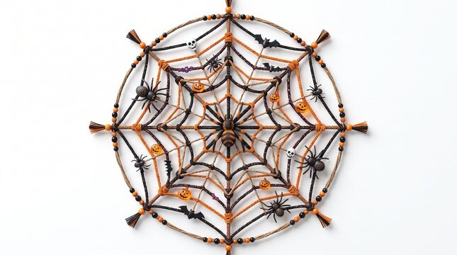 Halloween spider web decoration with spiders bats and pumpkins on white background