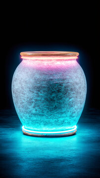 Stone vase illuminated by vibrant neon lights, casting a futuristic glow in a dark, empty room, creating an elegant and modern atmosphere
