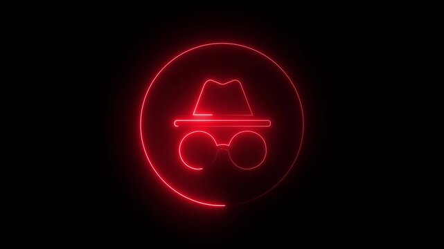 Incognito mode neon icon animation with blue glowing hacker hat and glasses circle on black background for cyber security privacy protection and anonymous browsing loop