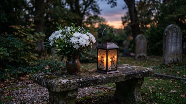 Cemetery Bench With Flowers And Lantern At Dusk