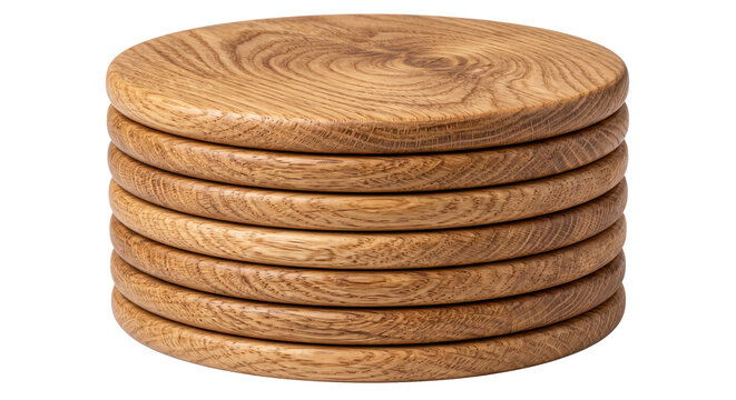 stack of round wooden coasters isolated on transparent background