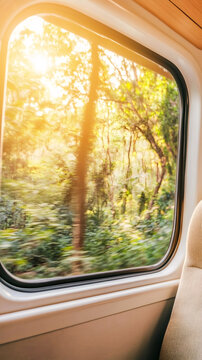 Train traveling through forest landscape at sunset illuminating trees from window, travel and transportation industry