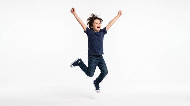 Excited young boy jumping in the air with arms raised in celebration