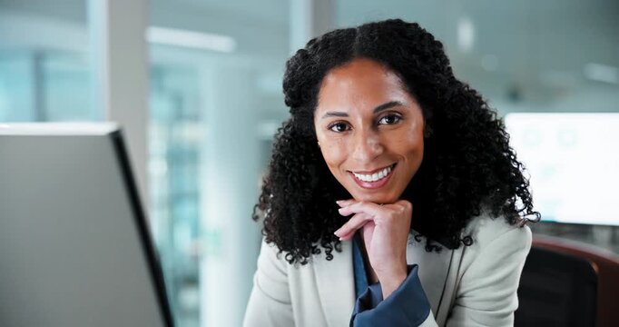 Face, corporate and woman in office with computer, research and finance report for bookkeeping. Portrait, female person and smile in workplace with tech, financial audit and data entry for investment