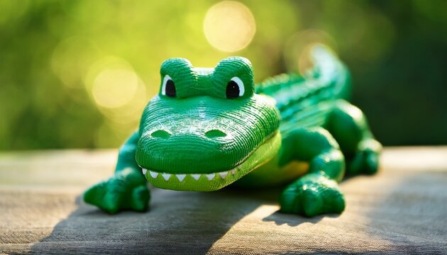 a green lego crocodile toy is shown in a playful pose outdoors