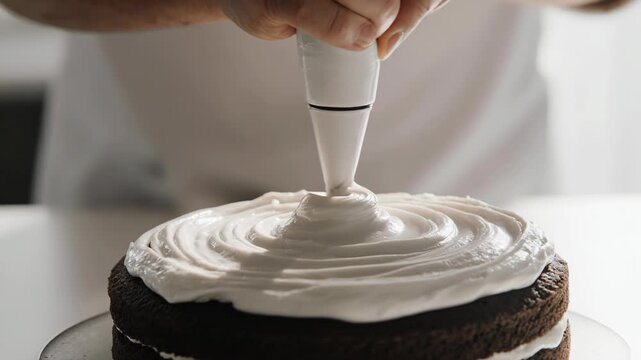 Pastry chef craft: pipe cream, frost cake, spread icing, decorate dessert, apply sweet, turn sugar, spin layer, bake chocolate, squeeze nozzle, hold tool, make food, design glaze.