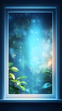 Glistening green leaves adorned with water drops, creating a serene view through a wet glass window on a rainy night