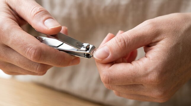 Detailed view of fingernail care with metal clippers