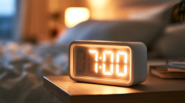 A glowing digital alarm clock shows 7:00 AM on a bedside table in a cozy bedroom.