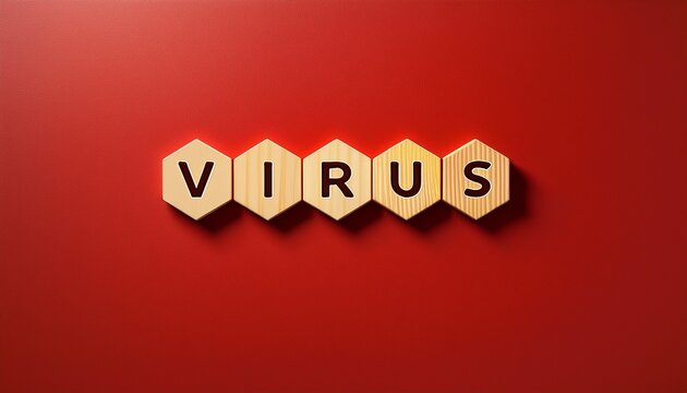 wooden hexagonal tiles with the word virus written on a red background conceptualizing medical research