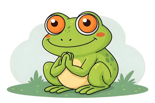 Cute green cartoon frog sitting with hands clasped