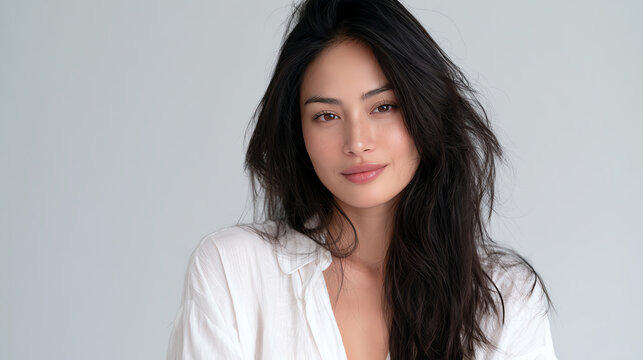 A portrait of a beautiful woman with long, dark hair and a natural smile.
