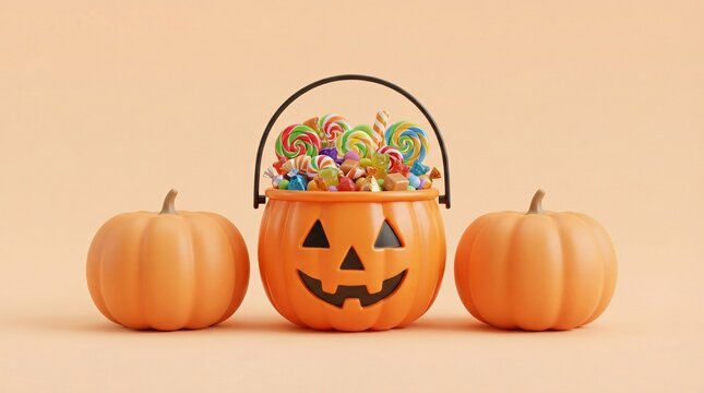 A festive orange jack-o'-lantern candy bucket filled with colorful sweet treats sits between two pumpkins