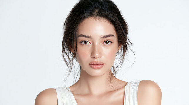 A portrait of a young woman with natural beauty and soft features.
