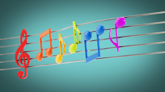 Multi-colored music notes isolated on green background. 3D illustration