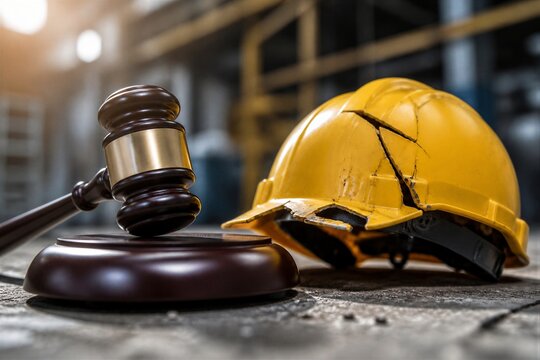 Cracked safety helmet beside gavel implying construction accident case