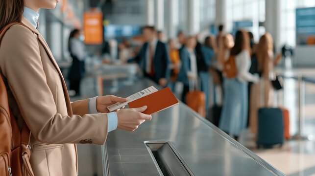 Traveler holding passport and boarding pass at airport counter