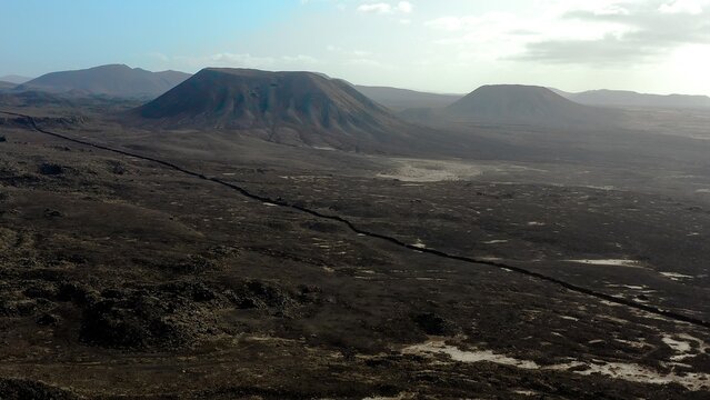 Aerial view over La Mancha craters in the volcanic Area of the Bayuyo, on the Island of Fuerteventura, Spain.