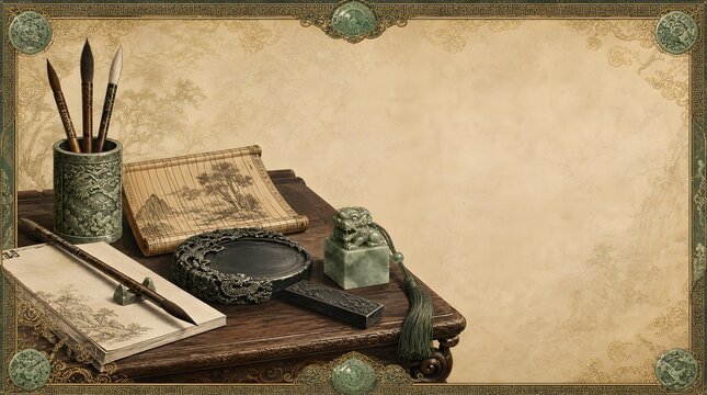 Ancient Chinese Four Treasures Scholar Study Writing Brush Inkstone Frame