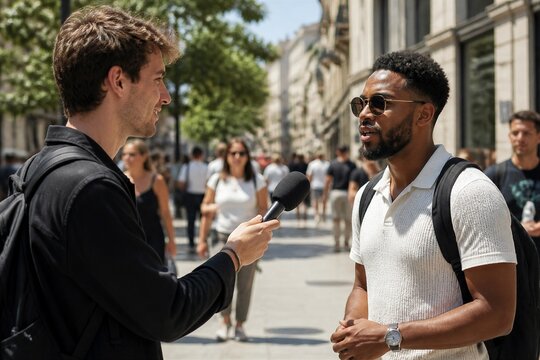 Reporter interviewing man on busy urban street during day