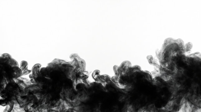 Black ink clouds on white background, dark liquid swirls in water. Abstract smoke texture for artistic design and overlay effects.