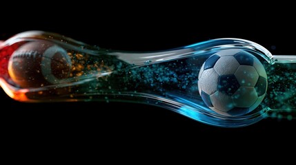 Soccer ball and football moving in opposite directions through intersecting transparent airflow tunn