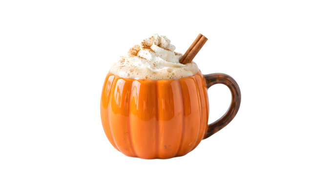 A delicious pumpkin spice latte served in a festive orange pumpkin shaped mug topped with whipped cream and a cinnamon stick isolated on white background