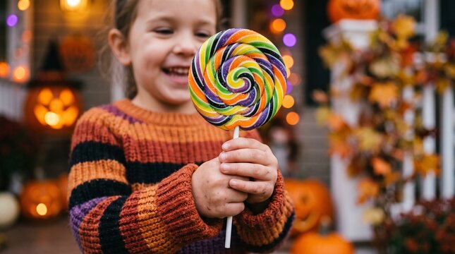 Happy little girl holding a large colorful swirl lollipop with Halloween pumpkins and bokeh lights in the background