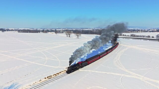 A restored steam train moves along a track in a wide, snowy area. Smoke rises from the engine as it crosses open fields. The sky is clear. Trees can be seen in the background.

