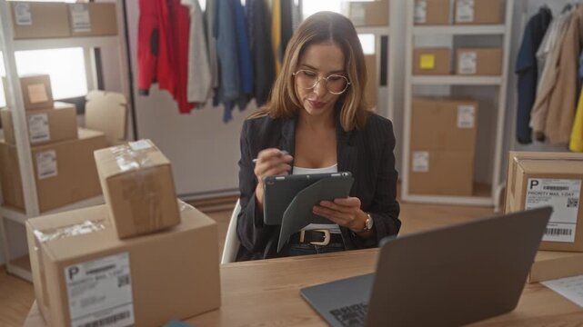 Woman holding tablet and reaching for cardboard box in an e commerce packing studio with parcels and clothing rack; focused productivity.