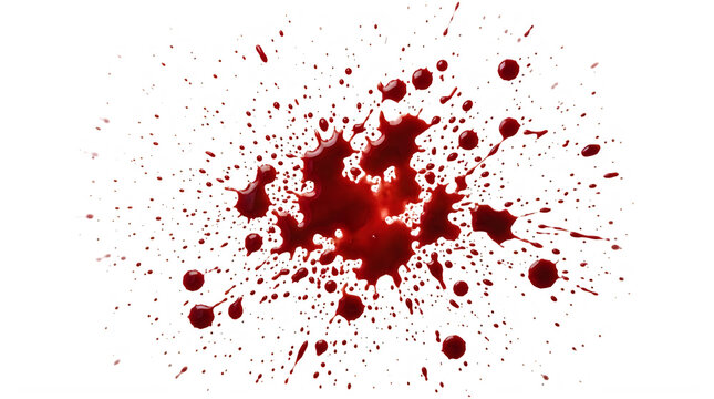 A realistic bright red blood splatter effect featuring many droplets isolated on transparent background