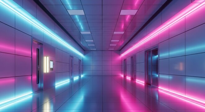 Futuristic corridor with glowing pink and blue neon lights in sci-fi interior design