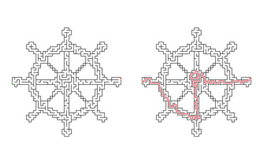 Ship wheel maze puzzle with solution, black and white educational labyrinth game for children isolated on white background