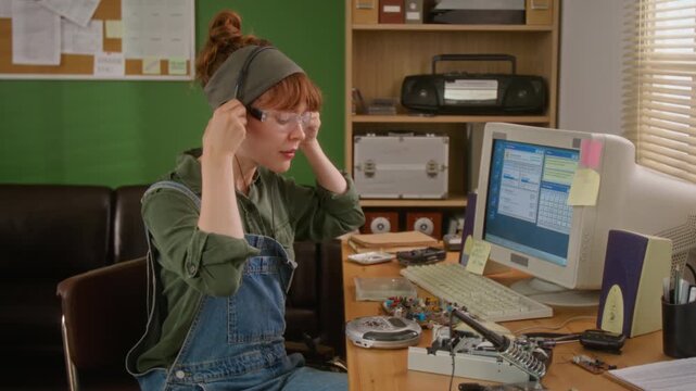 Caucasian young adult woman repairing vintage CD player, putting on headphones and typing on retro computer. Video represents retro technology documentaries or hardware repair advertisements