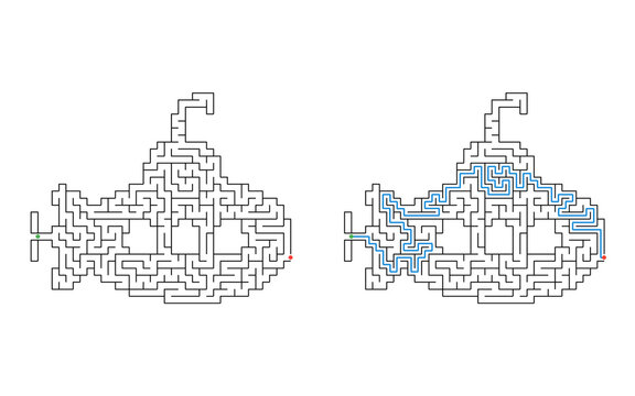 Bathyscaphe maze puzzle with solution for children black and white educational game isolated on white background