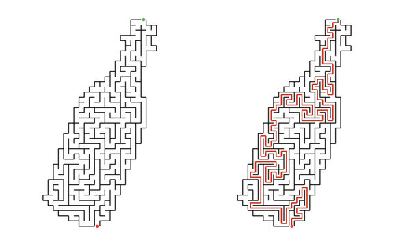 Message bottle shaped maze puzzle with solution, black and white educational labyrinth game for children isolated on white background