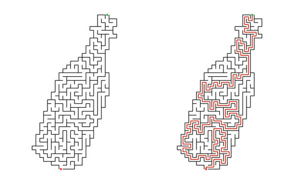 Message bottle shaped maze puzzle with solution path, black and white educational labyrinth game for children isolated on white background