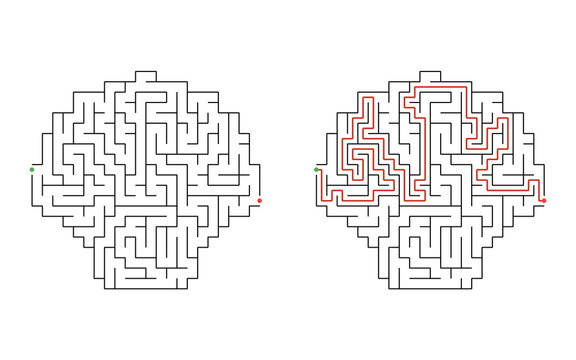 Heart shaped maze puzzle, black and white educational labyrinth game for children isolated on white background