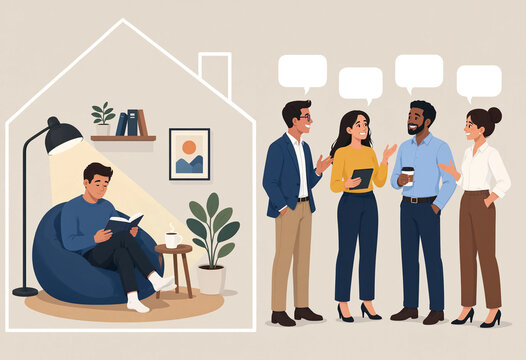 Introvert reading at home vs extroverts socializing, concept of different personalities and the balance between personal time and social interaction, flat vector illustration