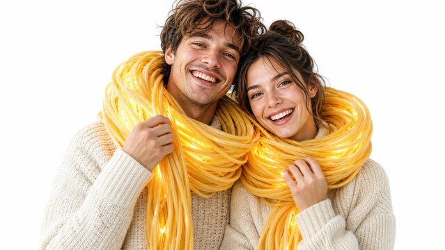 Surreal high-key shot of a couple wrapped in a giant cooked spaghetti scarf. Playful food art and fashion remix visual for culinary and romance ads.