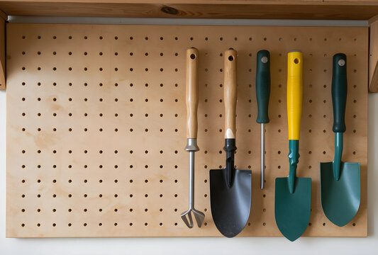 Gardening tools including shovels and a cultivator hanging neatly on a wooden pegboard in a workshop or shed, the organized display suggests a well-maintained workshop or garden shed