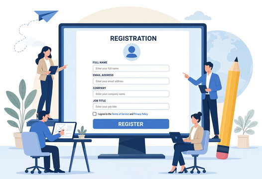 People filling out an online registration form on a large computer screen, illustrating a digital signup process or data entry