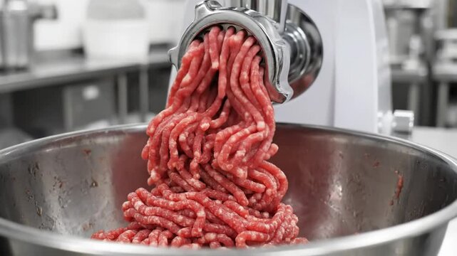 Close-up of freshly ground raw meat emerging from a meat grinder into a stainless steel bowl in a kitchen.