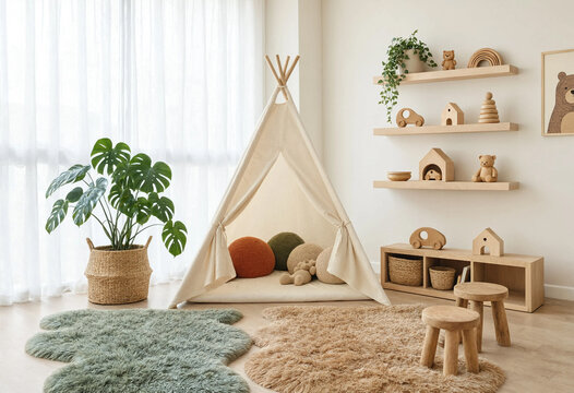 Cozy and minimalist kids playroom or nursery interior with a teepee tent, wooden toys, shelves, and soft rugs, creating a warm and inviting space