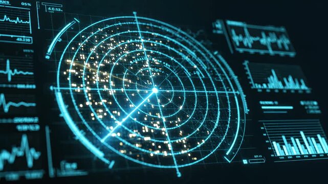 Futuristic Digital Radar Interface with Real-Time Data Visualization and Analytics Dashboard