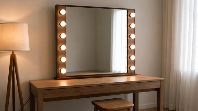 Retro vanity table with illuminated mirror and wooden furniture in a modern room