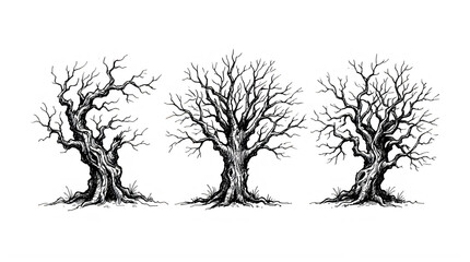 Fototapeta premium Three detailed black and white leafless trees with intricate branches isolated on transparent background