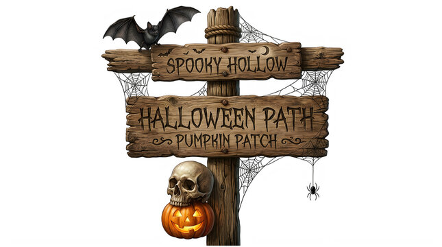 A rustic wooden halloween signpost with a skull and pumpkin isolated on transparent background for spooky seasonal decor