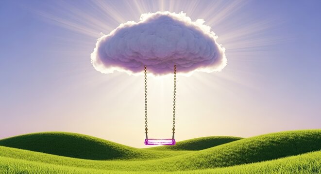 Surreal landscape with an empty swing hanging from a fluffy white cloud over rolling green grass hills under a sunny sky