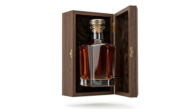 Premium whiskey bottle in a luxury wooden gift box isolated on white background